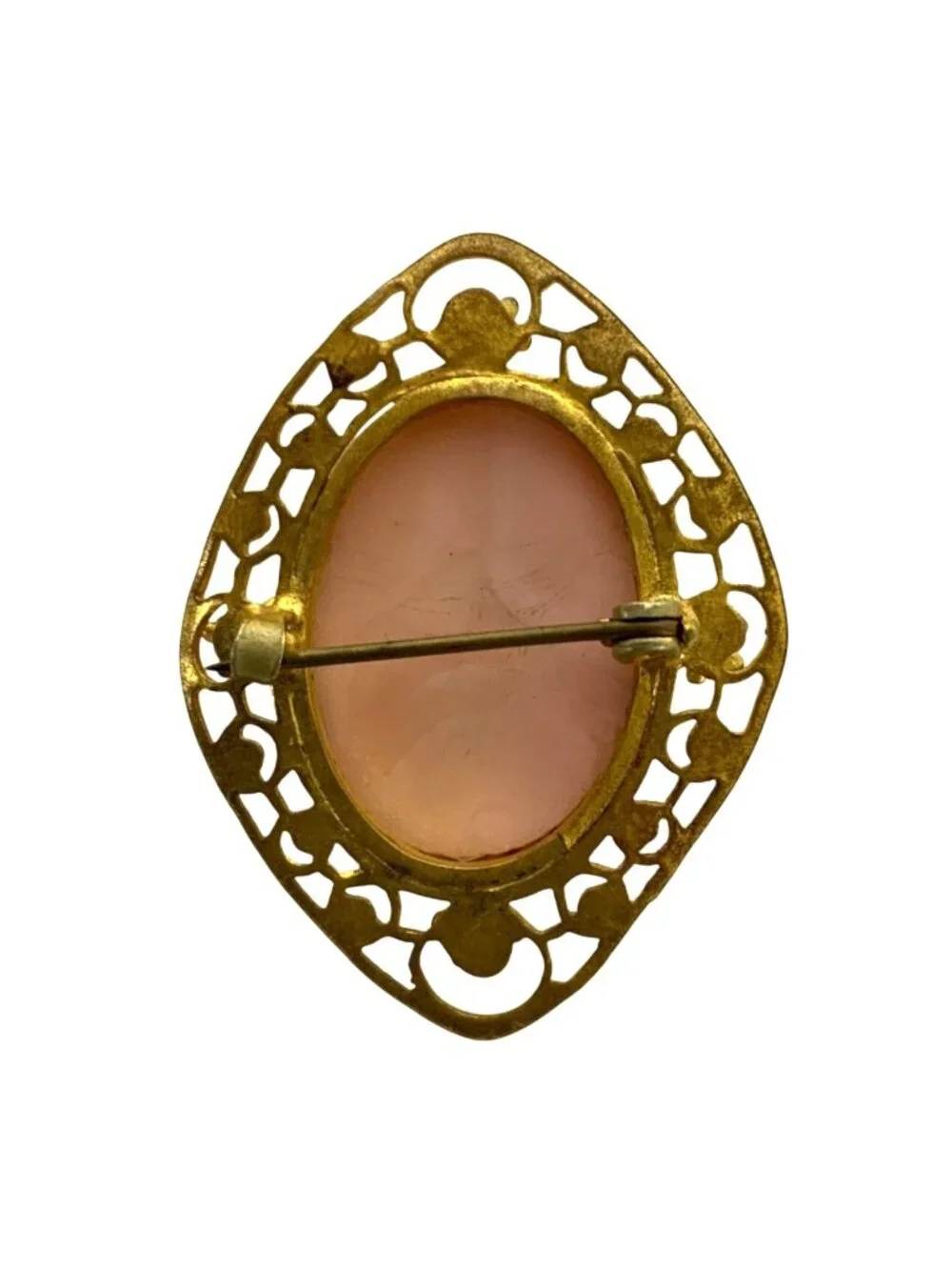 Antique Pink Molded Cameo Brooch Faux Seed Pearl Gilt Brass Pin Edwardian Era Je